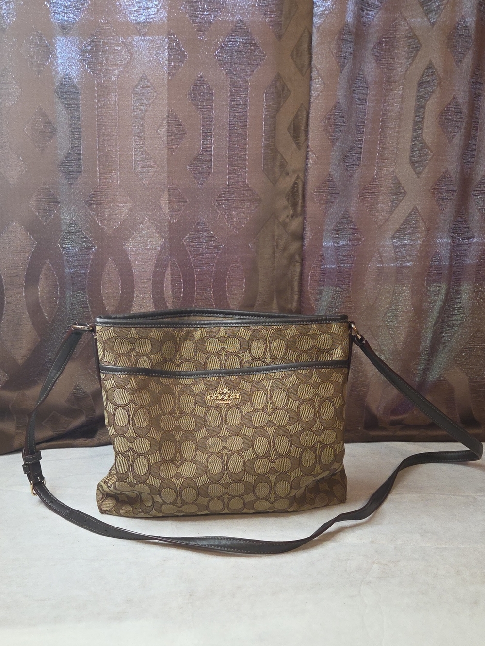 Coach Brown Signature Monogram Crossbody Bag with Gold Hardware